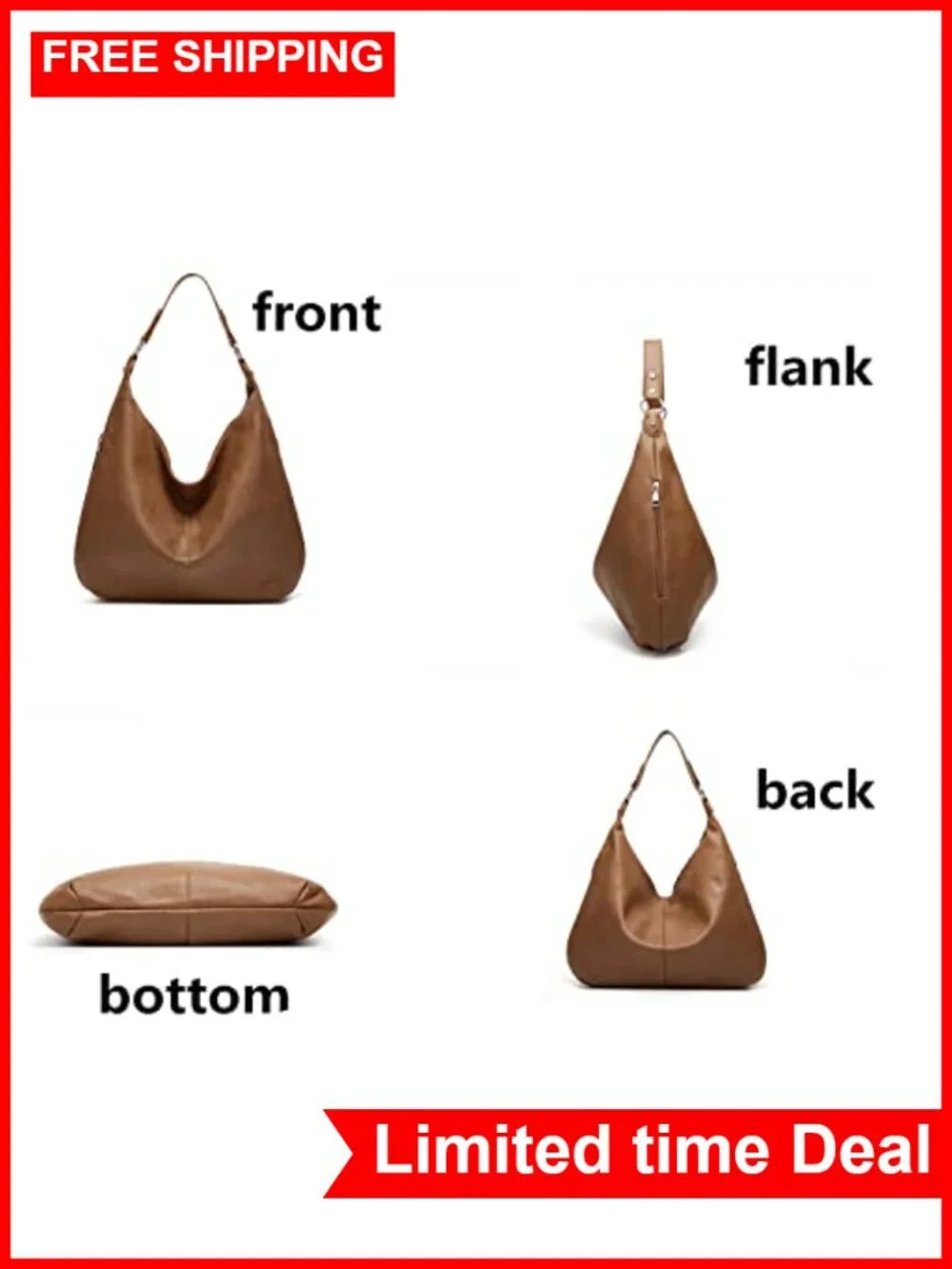 Hobo Bag for Women Soft Faux Leather Slouchy Shoulder Purse with Zipper